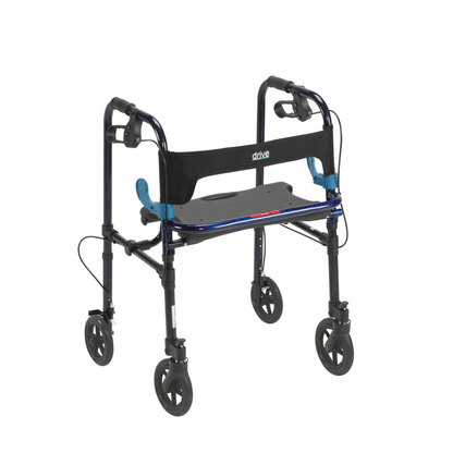 The Drive Clever-Lite Walker with Seat and 8" Casters features a black and blue lightweight aluminum frame, four wheels with swivel fronts, loop-lock brakes, padded seat, backrest, and is designed for easy maneuvering and improved mobility.