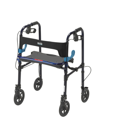 The Drive Clever-Lite Walker with Seat and 8" Casters is a blue and black aluminum mobility aid with four wheels, swivel front wheels, loop-lock hand brakes, a padded seat, and a black fabric backrest.