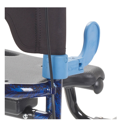 Close-up of the Drive Clever-Lite Walker with Seat showing its blue quick-release lever, locking mechanism beneath the black seat, sturdy wheel support, and 8" swivel front casters for enhanced maneuverability.