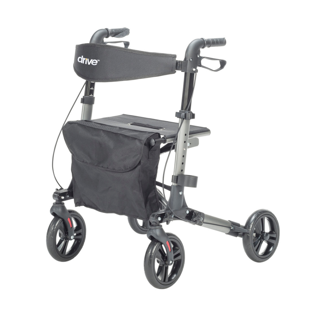 The Drive Lightweight Portable Rollator - Ultra Compact Fold is a black and gray four-wheeled folding walker with a seat, backrest, hand brakes, and a front-attached black storage bag.