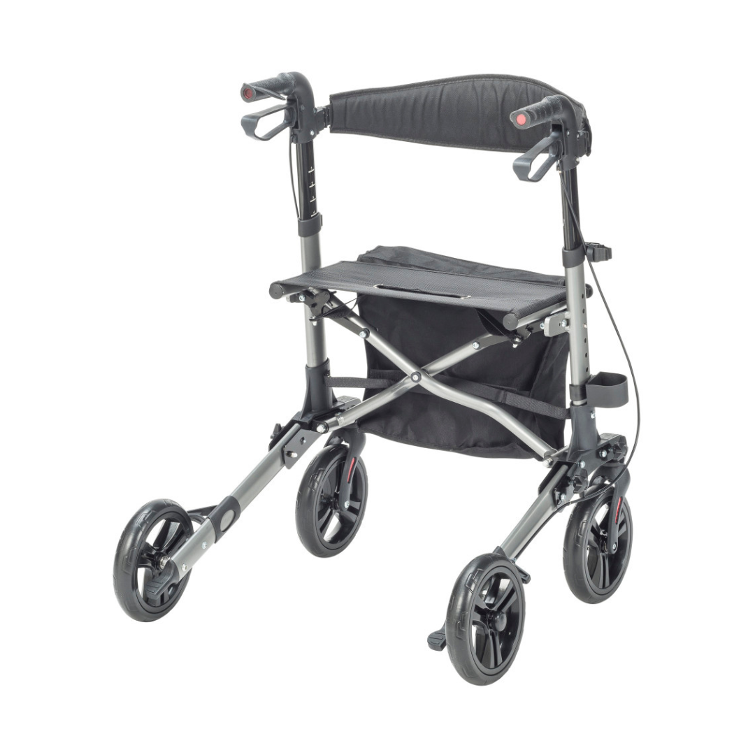 The Drive Lightweight Portable Rollator - Ultra Compact Fold features a silver/black frame, four wheels, hand brakes, padded seat, storage pouch under the seat, and folds compactly for easy transport.