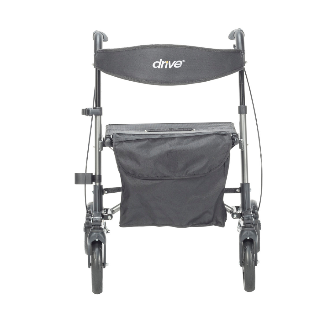 A Drive Lightweight Portable Rollator - Ultra Compact Fold in black, with four wheels, a storage pouch, and a seat is shown from the front. "drive" appears on the backrest.