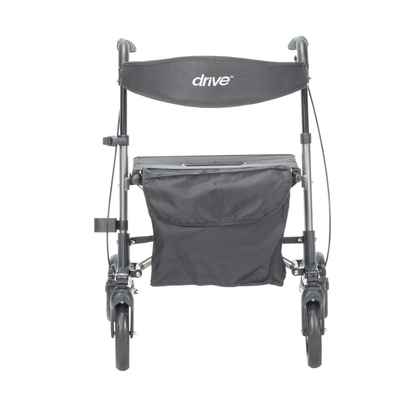 A Drive Lightweight Portable Rollator - Ultra Compact Fold in black, with four wheels, a storage pouch, and a seat is shown from the front. "drive" appears on the backrest.