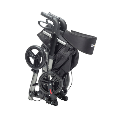 A Drive Lightweight Portable Rollator - Ultra Compact Fold in black and silver is shown folded, with its wheels and carrying strap visible.