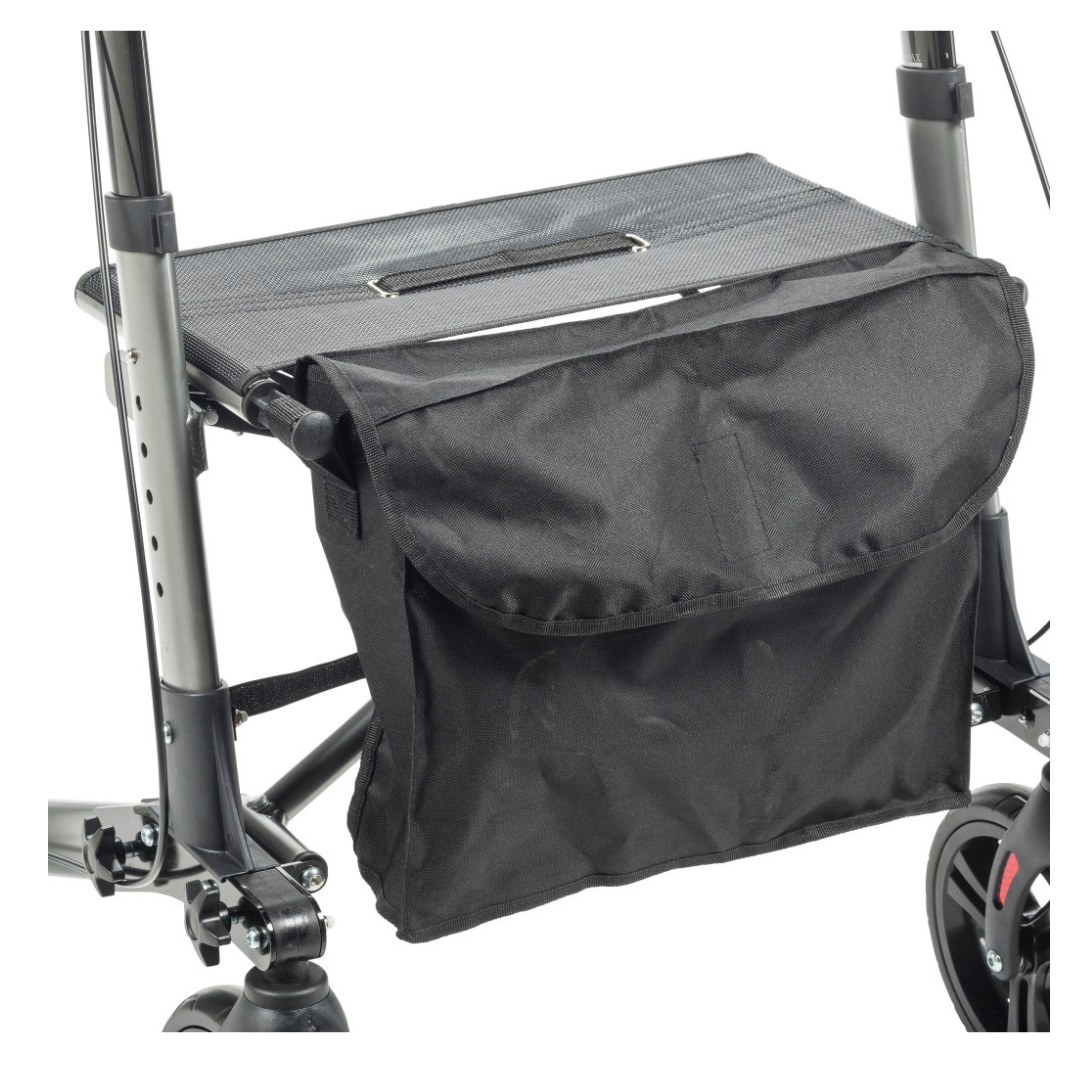 A Drive Lightweight Portable Rollator - Ultra Compact Fold features a black bag for convenient storage while using the mobility aid.