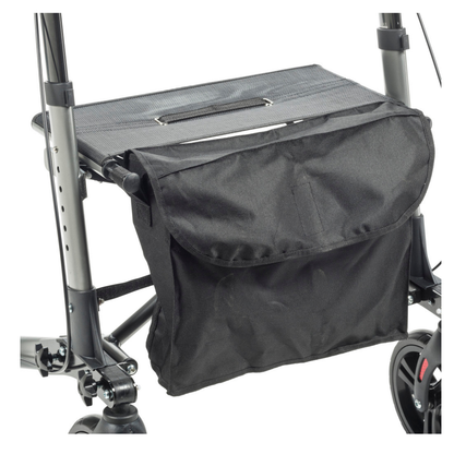 A Drive Lightweight Portable Rollator - Ultra Compact Fold features a black bag for convenient storage while using the mobility aid.