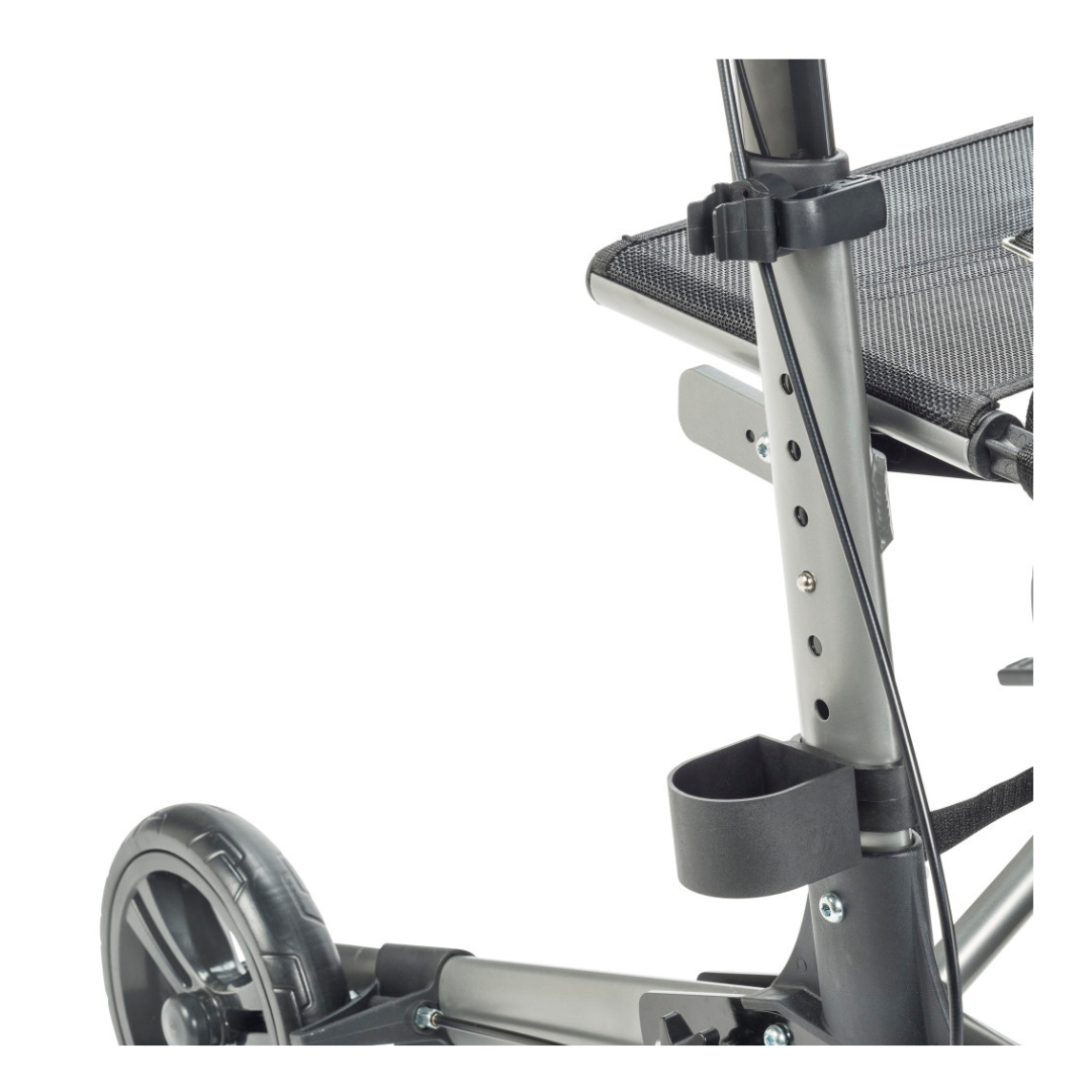 Close-up of the Drive Lightweight Portable Rollator - Ultra Compact Fold, featuring a black wheel, adjustable metal frame with holes, mesh seat, and cup holder. The compact design is sturdy and functional.