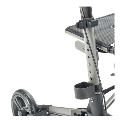 Close-up of the Drive Lightweight Portable Rollator - Ultra Compact Fold, featuring a black wheel, adjustable metal frame with holes, mesh seat, and cup holder. The compact design is sturdy and functional.