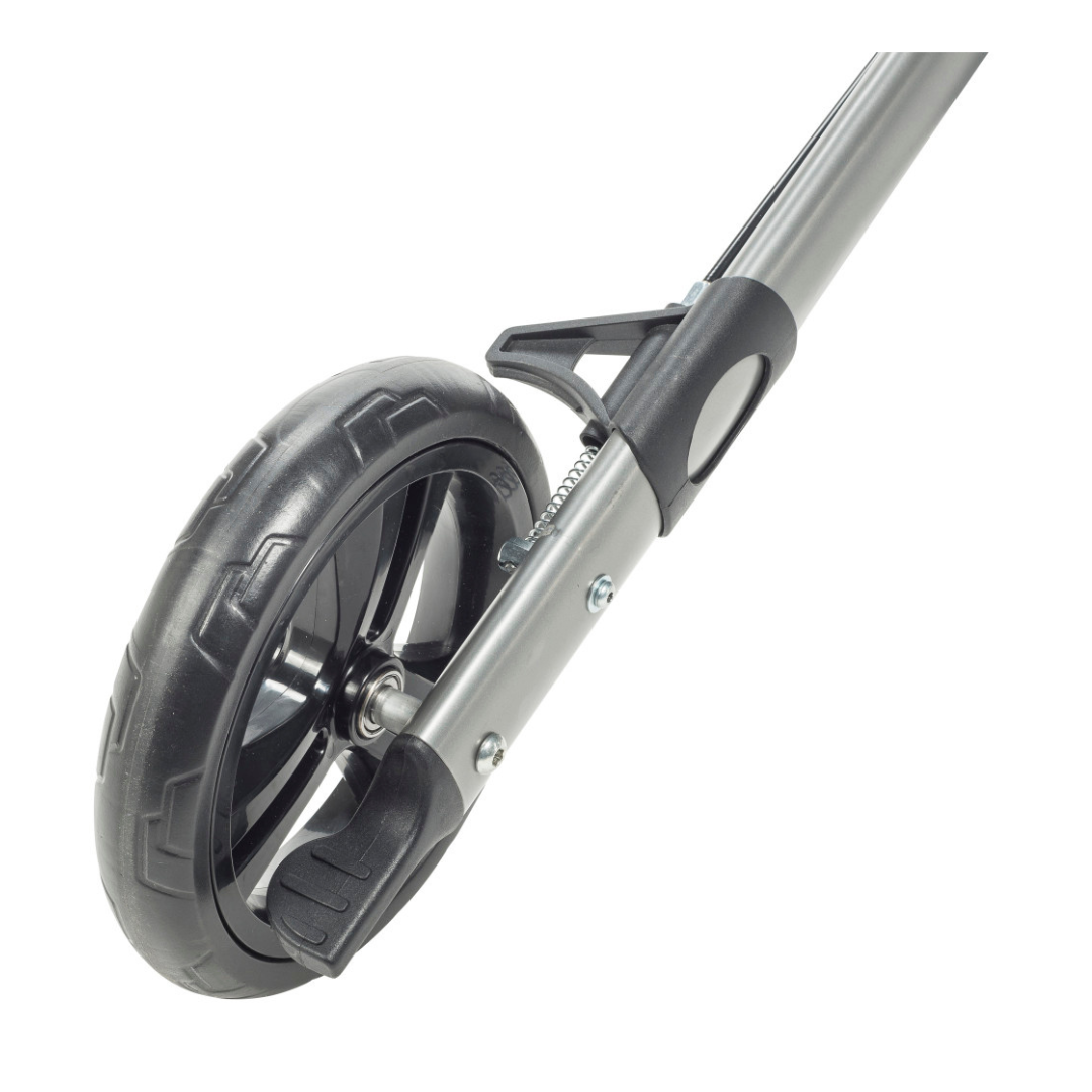 Close-up of a black and silver Drive Lightweight Portable Rollator (Ultra Compact Fold) wheel with kickstand attached to the metal frame, shown isolated on a white background.