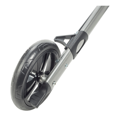 Close-up of a black and silver Drive Lightweight Portable Rollator (Ultra Compact Fold) wheel with kickstand attached to the metal frame, shown isolated on a white background.