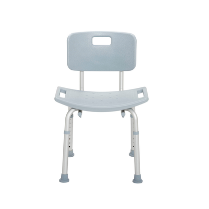 The Drive Deluxe Aluminum Bath Chair features a light gray seat, backrest, armrests, sturdy aluminum frame, height-adjustable legs, and non-slip rubber feet for safe and supportive bathing.