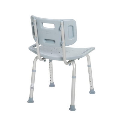 The Drive Deluxe Aluminum Bath Chair is a light blue, plastic shower seat with a backrest, drainage holes, height-adjustable legs, and a lightweight aluminum frame for safe, comfortable bathroom support.