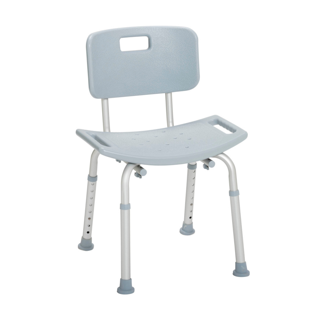 The Drive Deluxe Aluminum Bath Chair features a light blue seat with a backrest, arm holes, drainage holes, and height-adjustable lightweight aluminum legs with rubber tips.