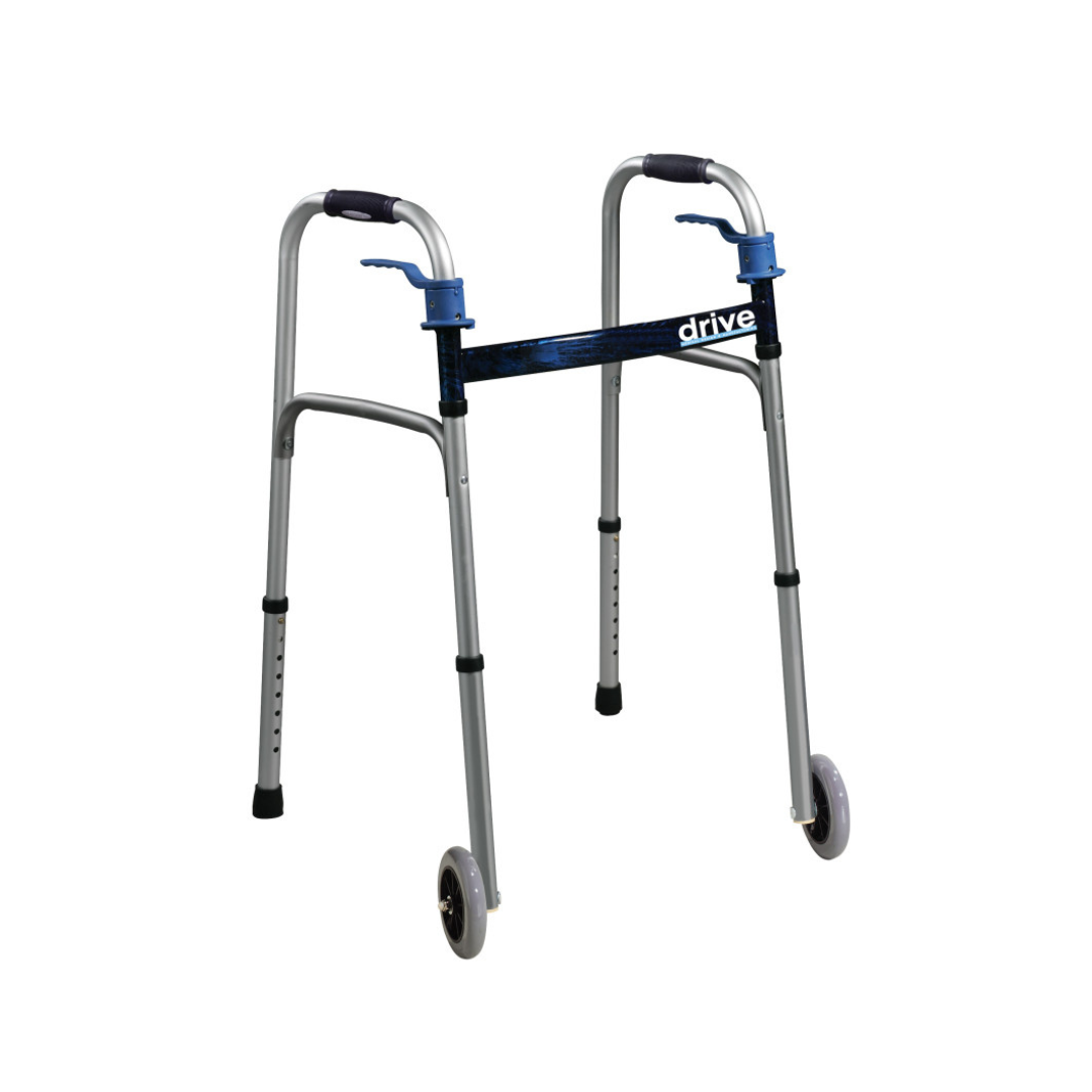 The Drive Deluxe Trigger Release Folding Walker with 5" Wheels features lightweight aluminum construction, two front wheels, rubber hand grips, adjustable height legs, black and blue accents, and a folding design for mobility assistance.