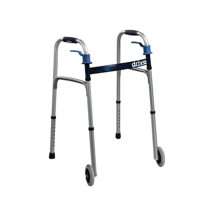 The Drive Deluxe Trigger Release Folding Walker with 5" Wheels features lightweight aluminum construction, two front wheels, rubber hand grips, adjustable height legs, black and blue accents, and a folding design for mobility assistance.