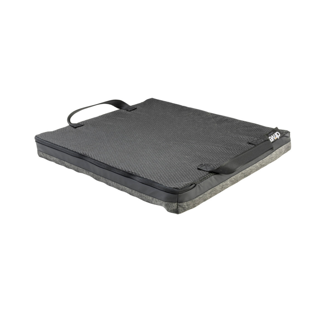 A Drive DualEase™ Gel Cushion - All Purpose Portable Cushion in black, designed to be reversible and featuring a side carry handle, is shown on a white background.