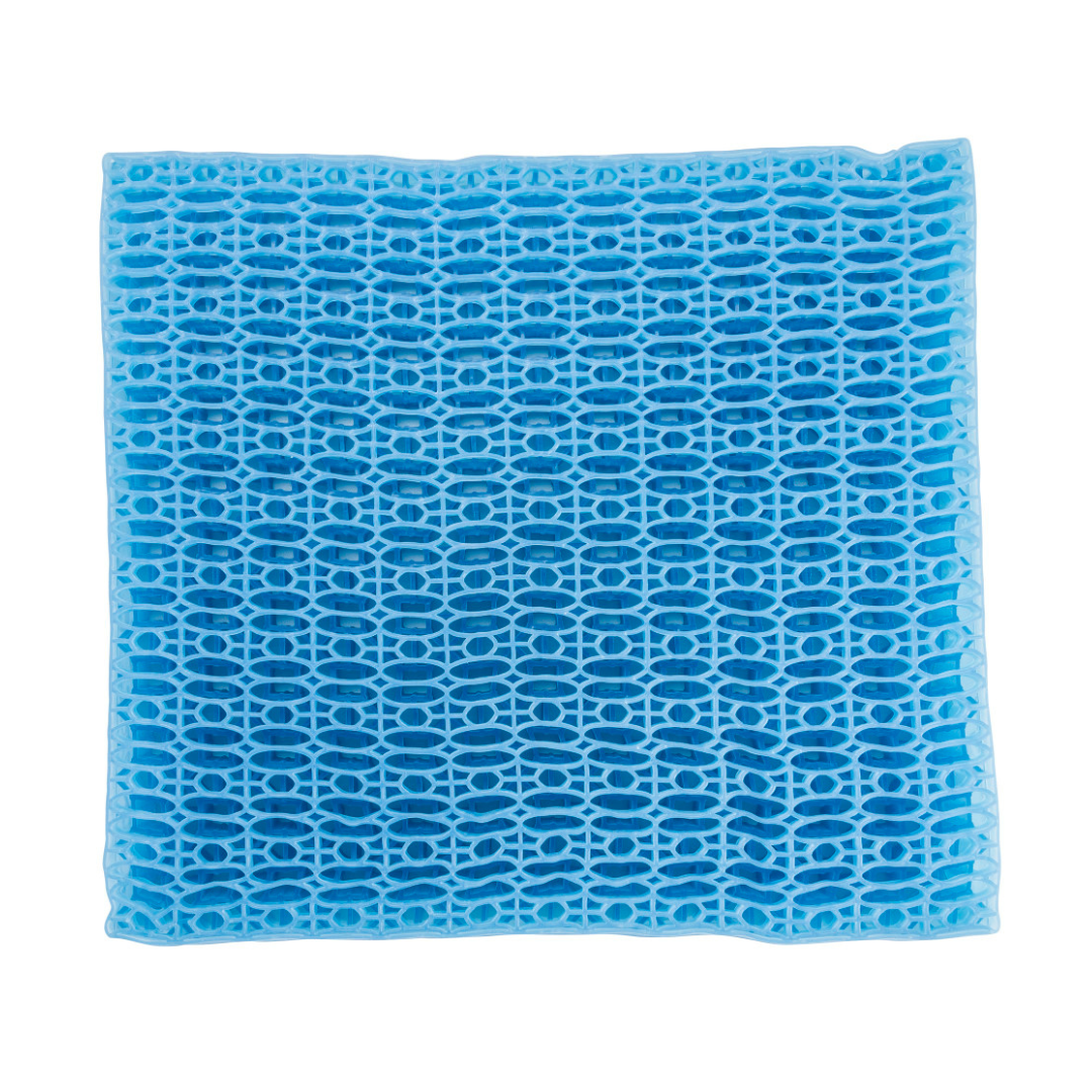 A blue rectangular cleaning sponge with a textured, honeycomb-like surface—reminiscent of the breathable design featured in the Drive DualEase™ Gel Cushion - All Purpose Portable Cushion—is photographed against a white background.