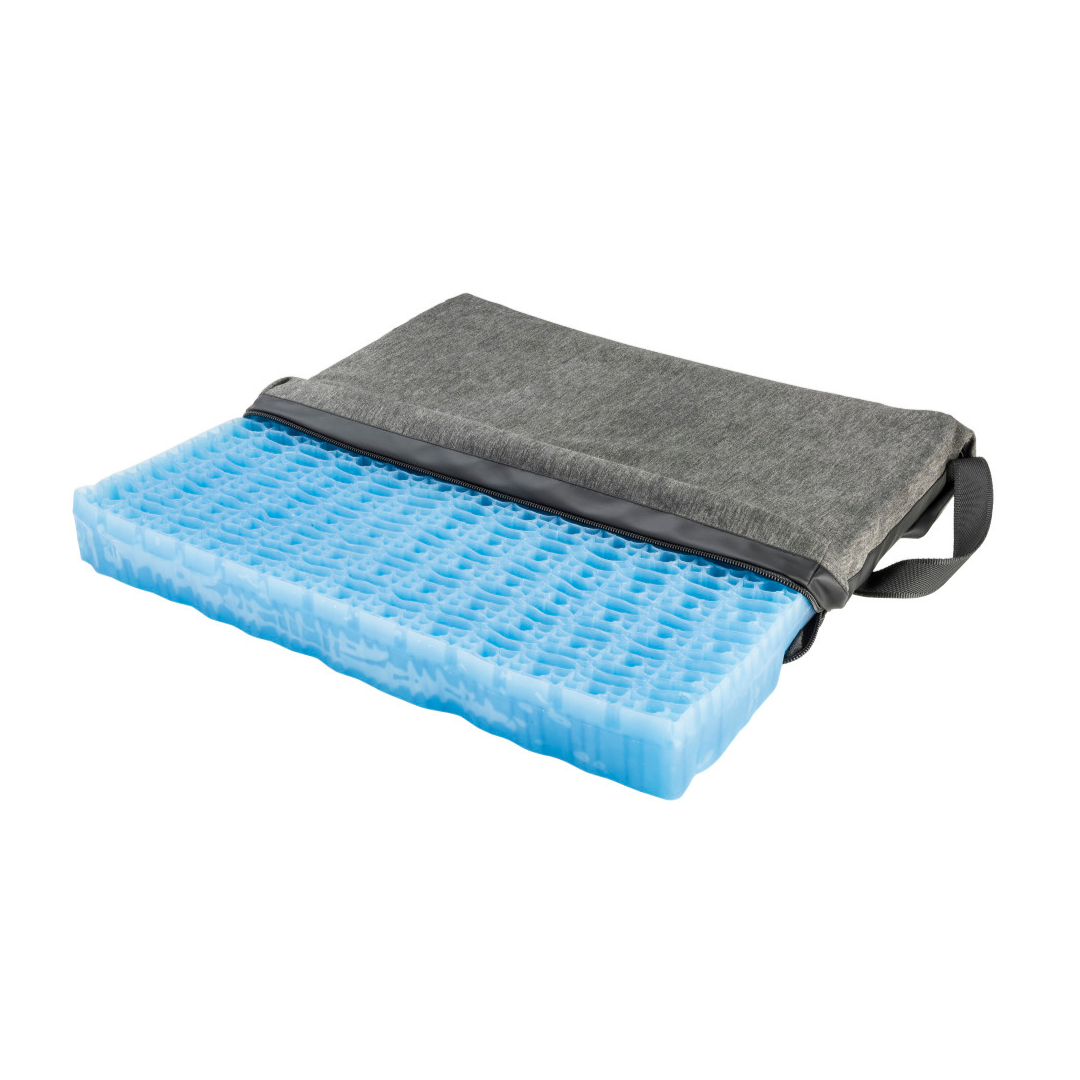The Drive DualEase™ Gel Cushion - All Purpose Portable Cushion in blue is shown with its black and gray fabric cover partially removed to reveal the cushion’s textured grid pattern. A black handle is attached on one side of the cover.