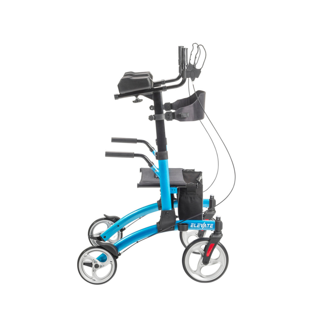 The Drive Elevate Folding Upright Rolling Walker is a blue, four-wheeled walker with ergonomic forearm supports, hand brakes, padded seat, storage pouch, and adjustable handles shown from the side against a white background.