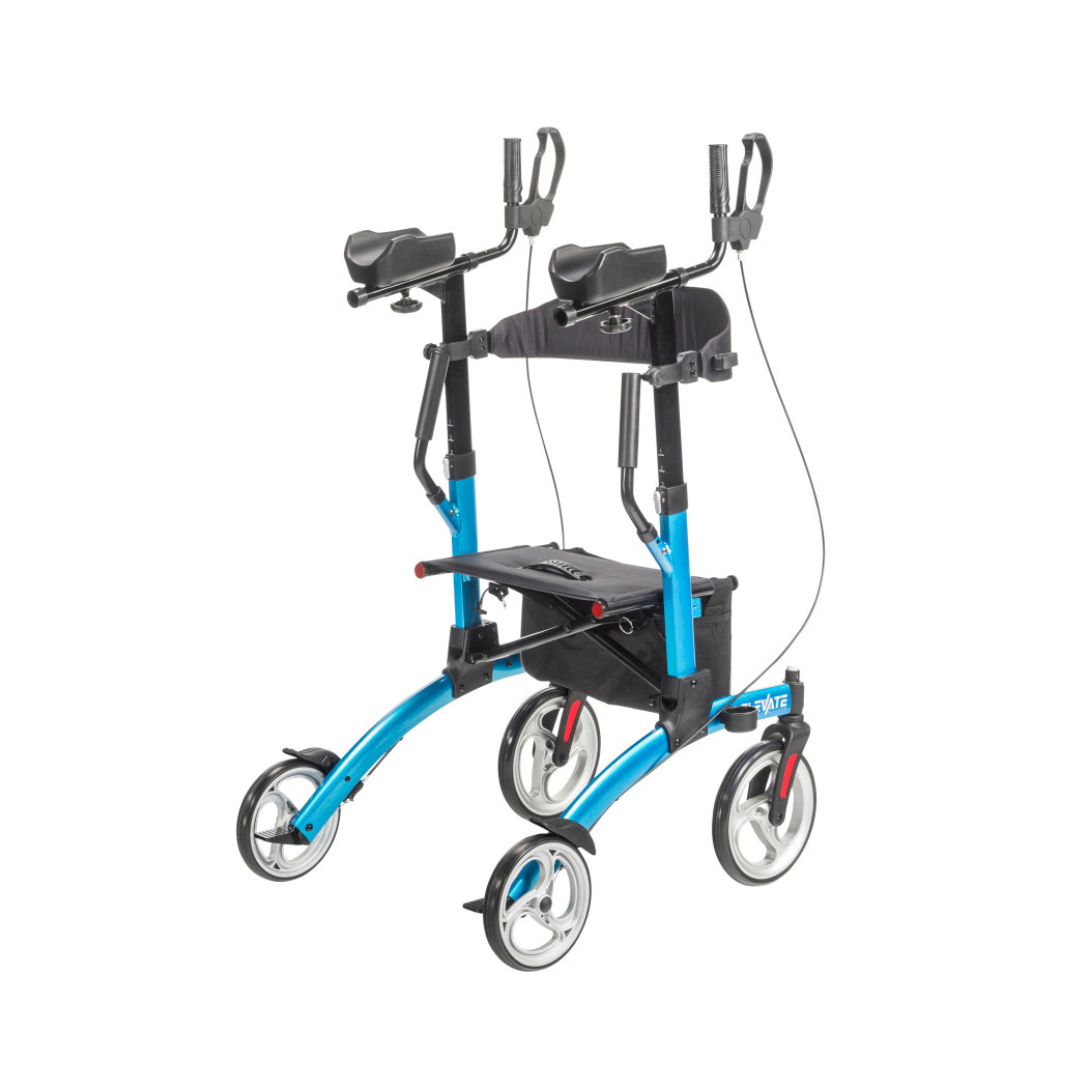 The Drive Elevate Folding Upright Rolling Walker is a blue and black four-wheeled mobility aid with padded armrests, hand brakes, adjustable handles, a seat, and storage pouch for stand-up walking support.