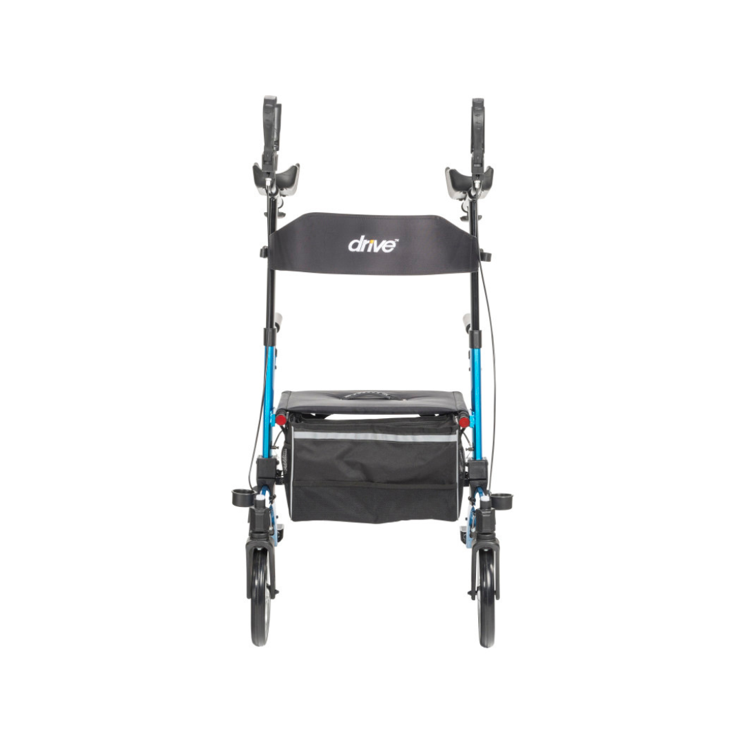 Front view of the Drive Elevate Folding Upright Rolling Walker in blue, featuring adjustable handles, four wheels, hand brakes, black storage pouch, and a backrest with "drive" label against a white background.