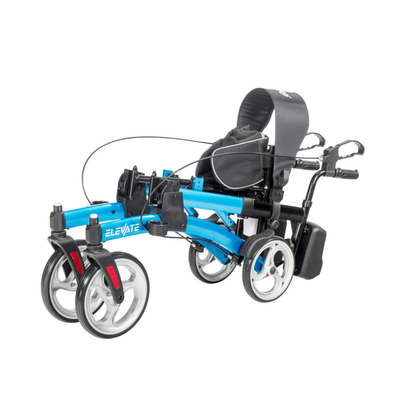 The Drive Elevate Folding Upright Rolling Walker is a lightweight, foldable blue walker with four wheels, adjustable handles, hand brakes, a storage pouch, and a cushioned seat, shown partially folded.