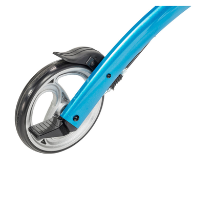 Close-up of a silver and black wheel with a black foot brake attached to the blue frame of the Drive Elevate Folding Upright Rolling Walker, featuring adjustable handles, isolated on a white background.