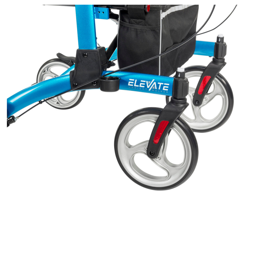 Close-up of the Drive Elevate Folding Upright Rolling Walker in blue, featuring large gray wheels, black and red accents, adjustable handles, and a black ELEVATE-labeled storage bag.