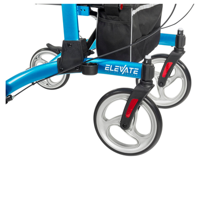 Close-up of the Drive Elevate Folding Upright Rolling Walker in blue, featuring large gray wheels, black and red accents, adjustable handles, and a black ELEVATE-labeled storage bag.