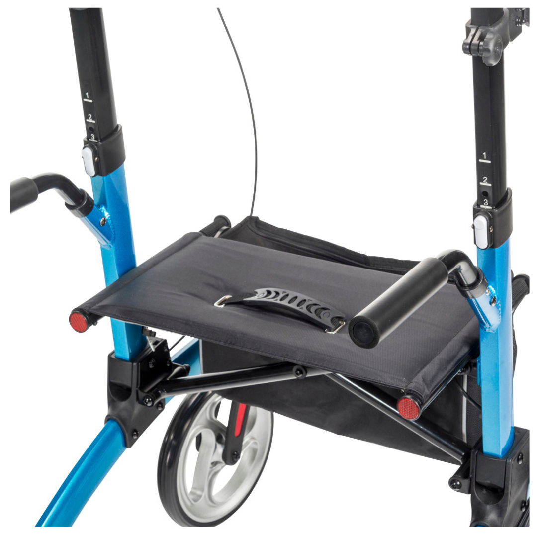 Close-up of the Drive Elevate Folding Upright Rolling Walker in blue, featuring a black seat with carrying handle, adjustable armrests and handles, and large wheels—an ideal stand-up mobility aid.