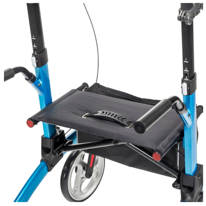 Close-up of the Drive Elevate Folding Upright Rolling Walker in blue, featuring a black seat with carrying handle, adjustable armrests and handles, and large wheels—an ideal stand-up mobility aid.