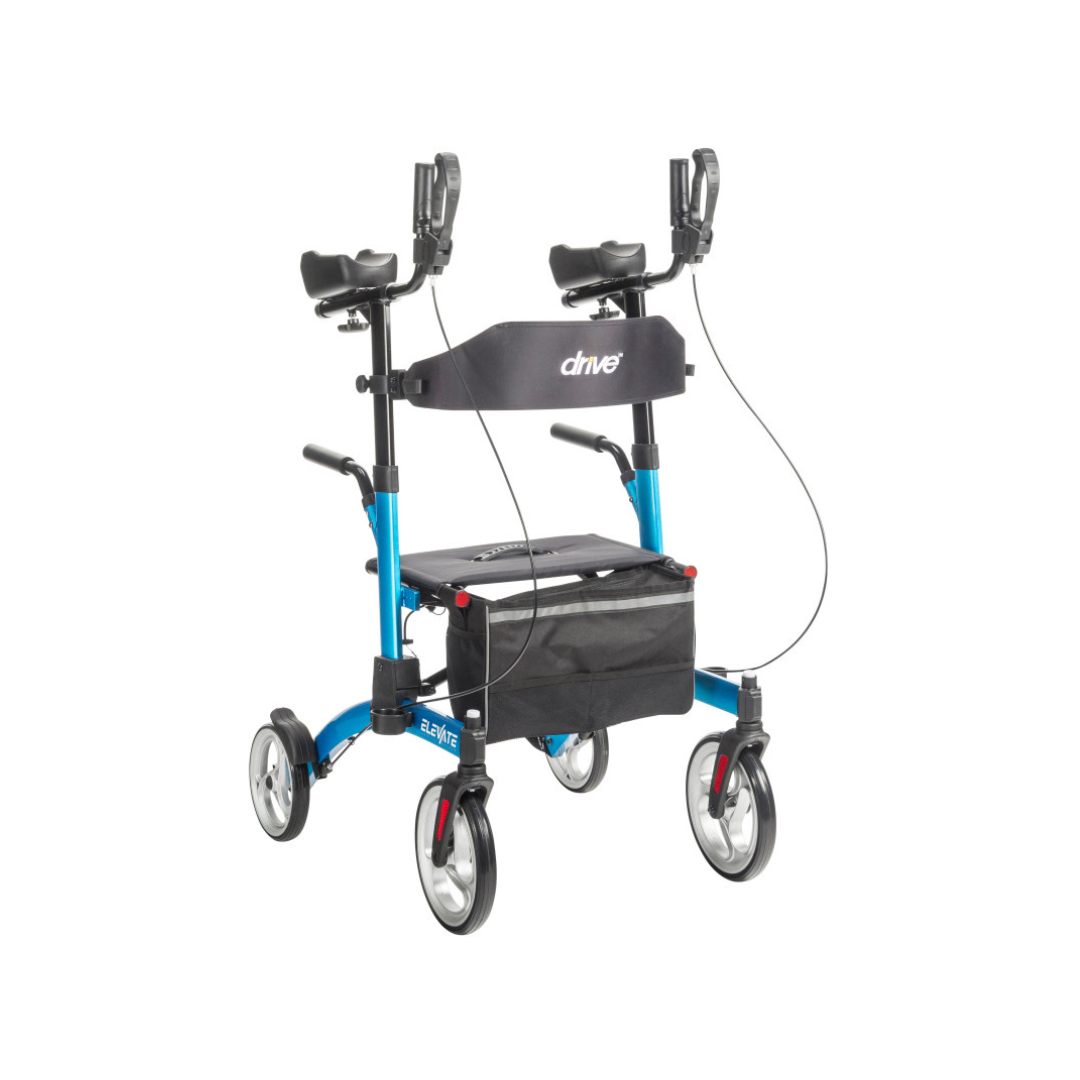 The Drive Elevate Folding Upright Rolling Walker is a blue mobility aid with four wheels, adjustable forearm rests and handles, hand brakes, a black seat with storage pouch underneath, and "Drive" displayed on the backrest for comfort and support.