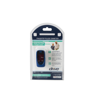 A packaged Drive Fingertip Pulse Oximeter is shown in clear plastic with product details and an image of a healthcare provider with a patient on the label for easy readability.