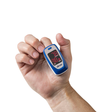 A hand holds the Drive Fingertip Pulse Oximeter, which displays a pulse rate of 78 and oxygen saturation of 98% on its digital screen. The device features a clean blue and white design with modern, clear lines.
