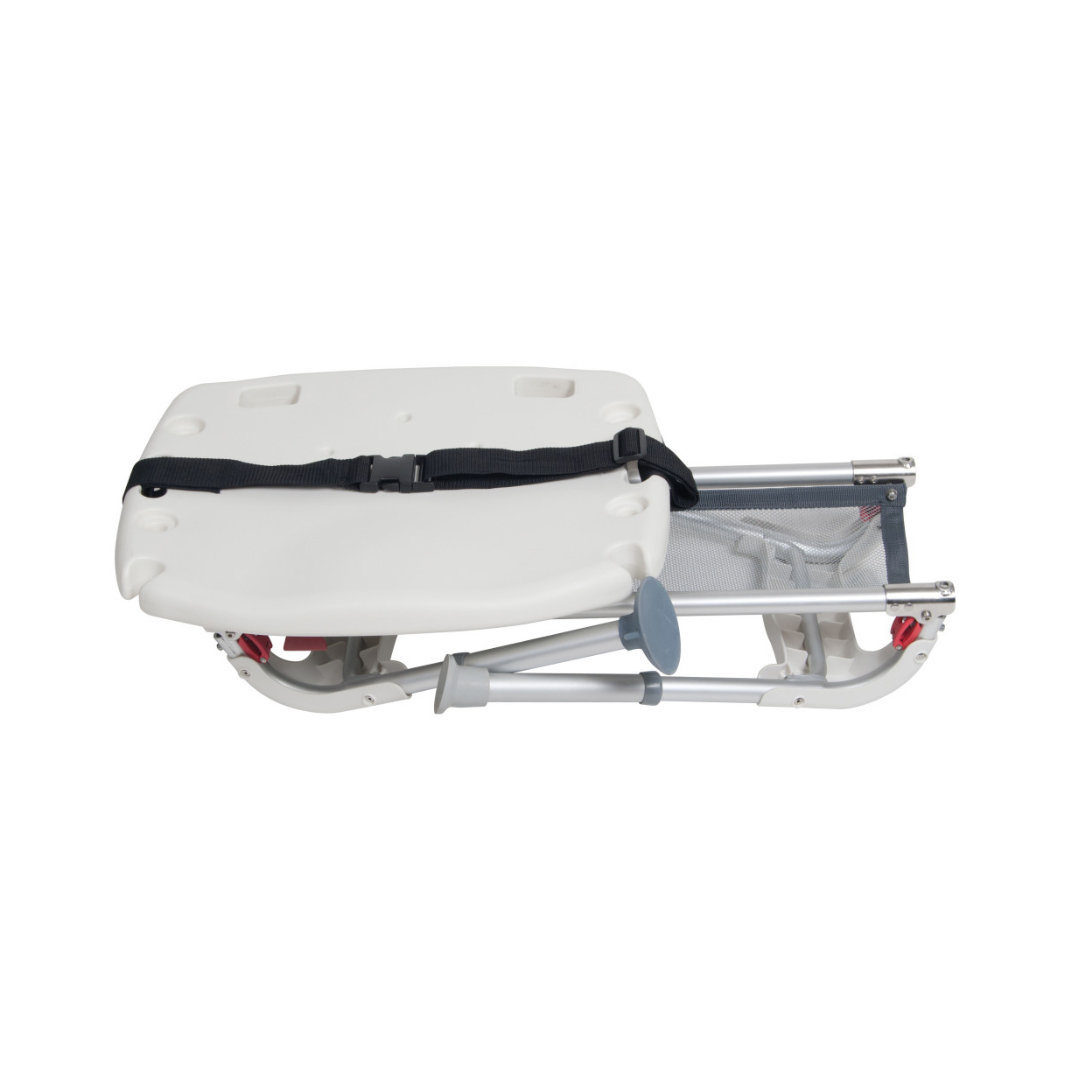 The Drive Folding Universal Bathtub Sliding Transfer Bench, shown collapsed for easy storage, features a white and gray seat, black safety strap, and metal frame—ideal for safe tub entry and exit like a foldable booster seat.