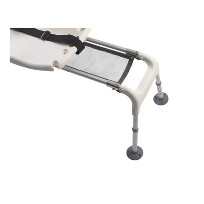 Partial view of the Drive Folding Universal Bathtub Sliding Transfer Bench, featuring a white and gray design with safety belt, mesh seat section, and suction-cup feet for secure tub entry and exit.