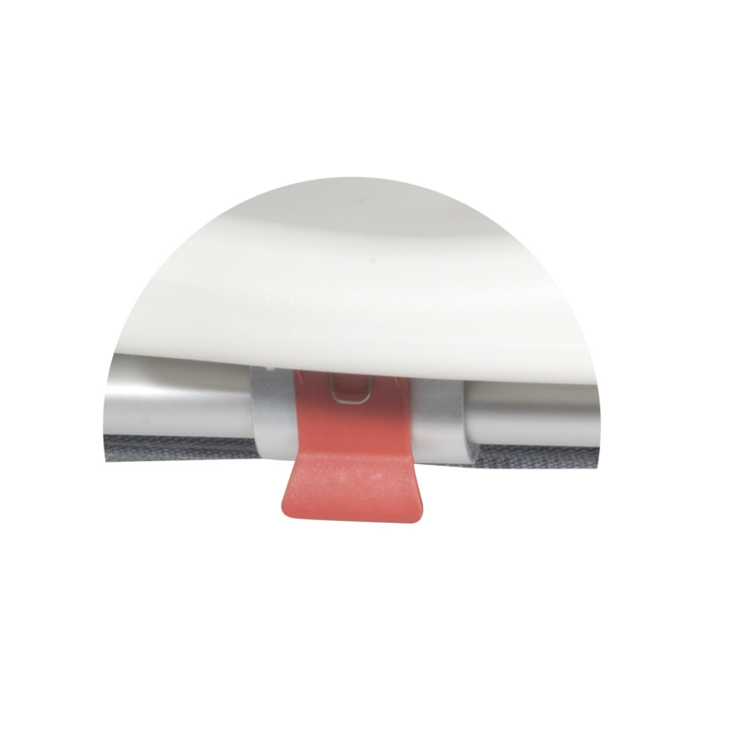 Close-up of a red plastic tab clipped to a gray metal bar beneath a white curved surface—part of the Drive Folding Universal Bathtub Sliding Transfer Bench for safer tub entry and exit.