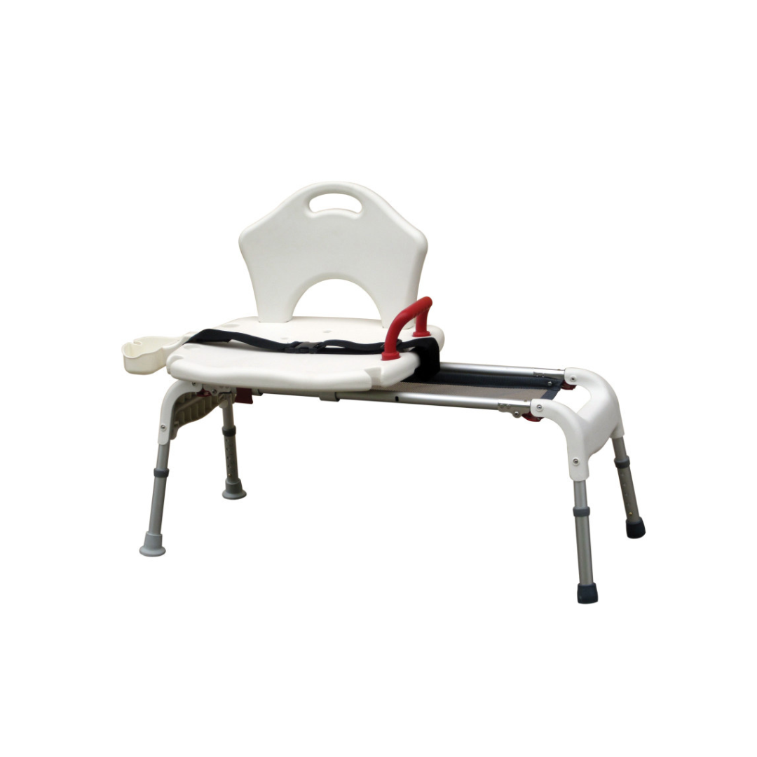 The Drive Folding Universal Bathtub Sliding Transfer Bench features a white adjustable seat with a backrest, red support handle, stable gray rubber-tipped legs, and an extended seat design for safer tub entry and exit.