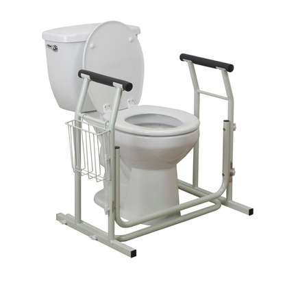 The Drive Free-standing Toilet Safety Rail is a white toilet safety frame with armrests and a side basket, offering extra support and stability for users with mobility challenges.