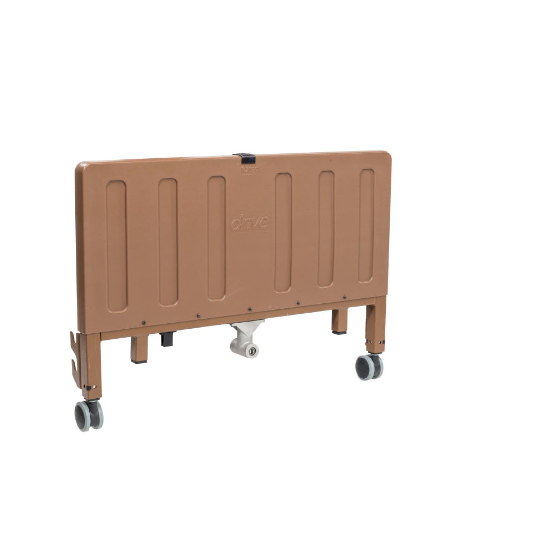 A brown, rectangular end panel for the Drive Full Electric Low Height Homecare Bed with caster wheels and the "drive" brand on the front, shown isolated on a white background.