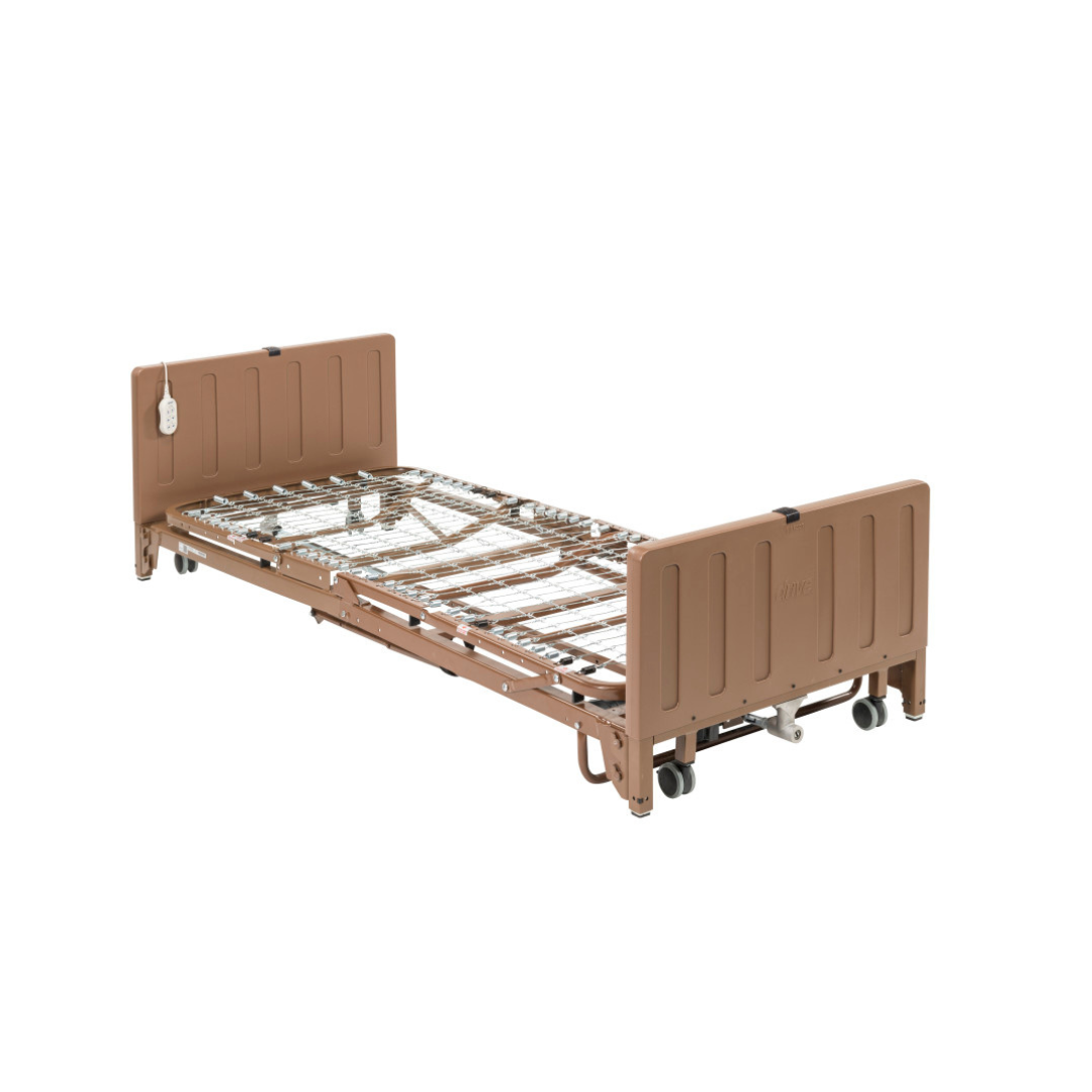 The Drive Full Electric Low Height Homecare Bed is a brown adjustable hospital bed frame with metal slats, headboard, footboard, and wheels. It includes a wired remote control for easy use and is pictured without a mattress.