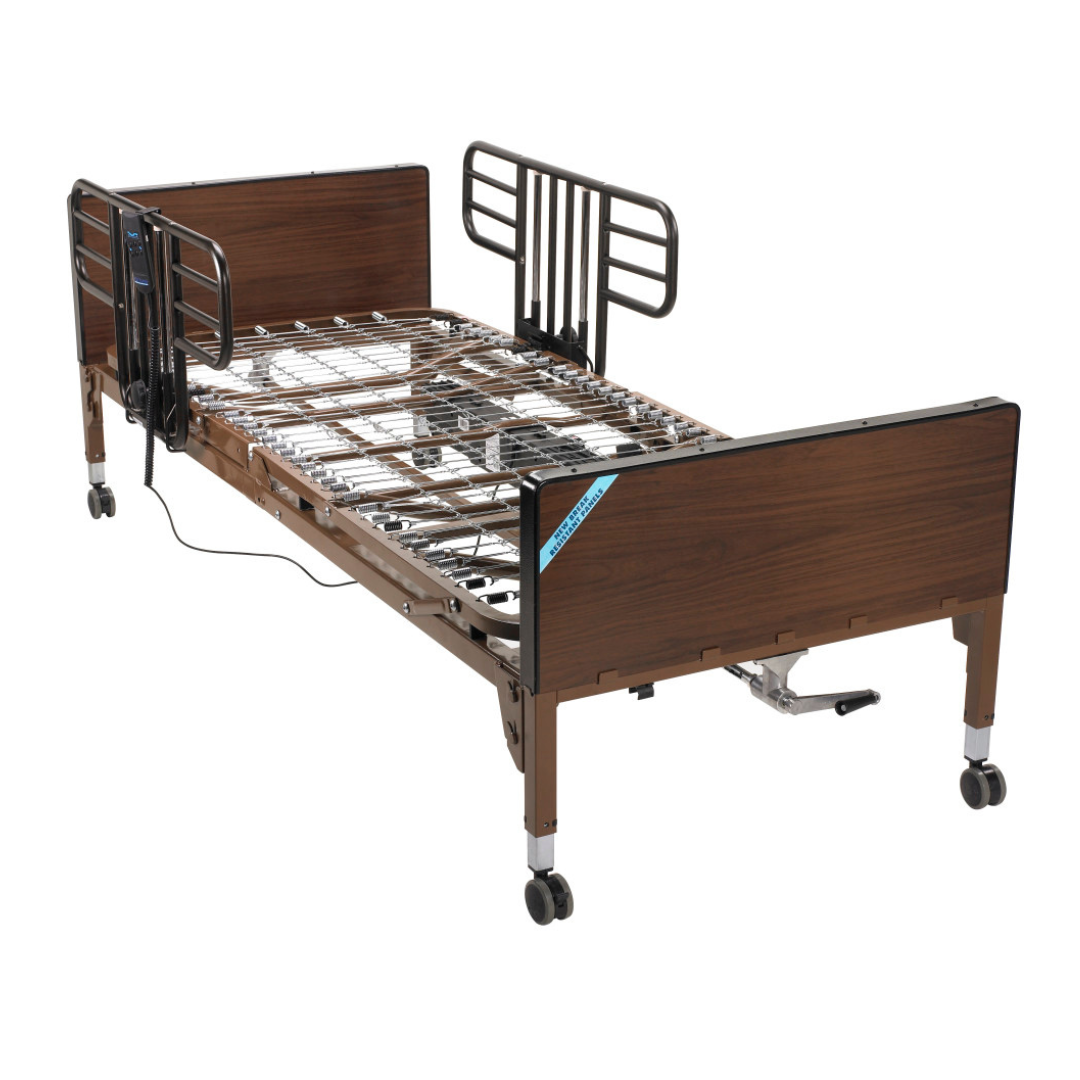Drive Half Length Bed Rails are metal safety rails with an anti-entrapment design, ideal for hospital beds. They are easy to adjust using the electric control box on the bed’s side and fit beds with wooden headboards, footboards, and wheels.