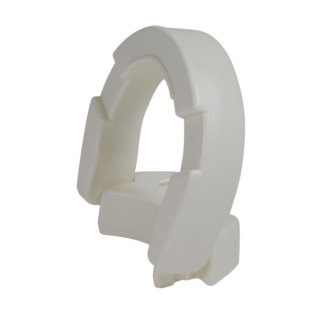 The Drive Hinged Toilet Seat Riser - 3.5 Inch is a white, curved plastic seat with an open center and hinge design, providing accessibility, support, and greater bathroom safety.