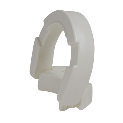 The Drive Hinged Toilet Seat Riser - 3.5 Inch is a white, curved plastic seat with an open center and hinge design, providing accessibility, support, and greater bathroom safety.