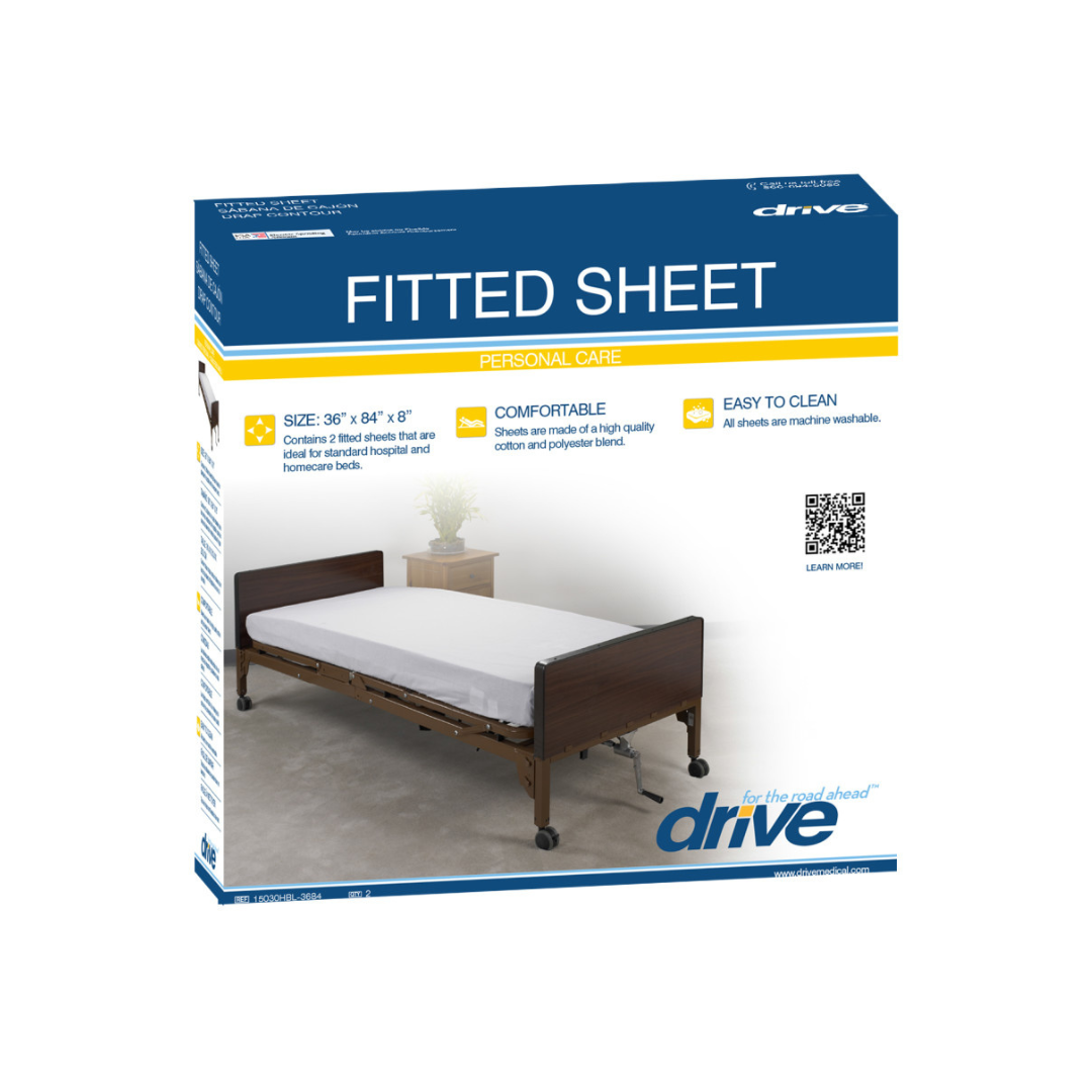 Drive Hospital Bed Linen Kit packaging shows a hospital bed with a white fitted sheet. The box features size (36x84x8), comfort, easy cleaning, and suitability for standard hospital and homecare beds.