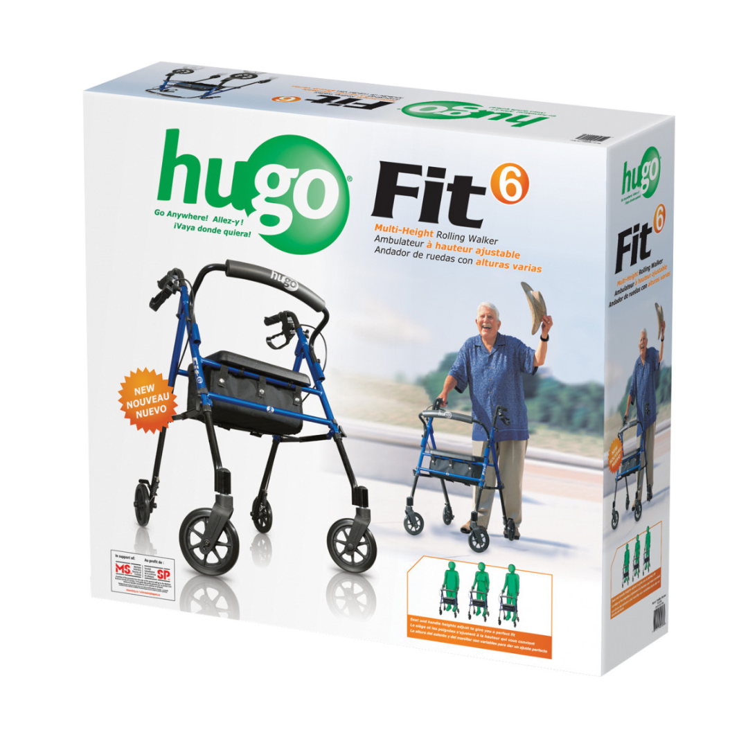 The retail box for the Drive Hugo Fit 6 Portable Lightweight Rollator displays the blue walker in use by an older man outdoors and highlights its lightweight design, adjustability, and other key product features with clear images.