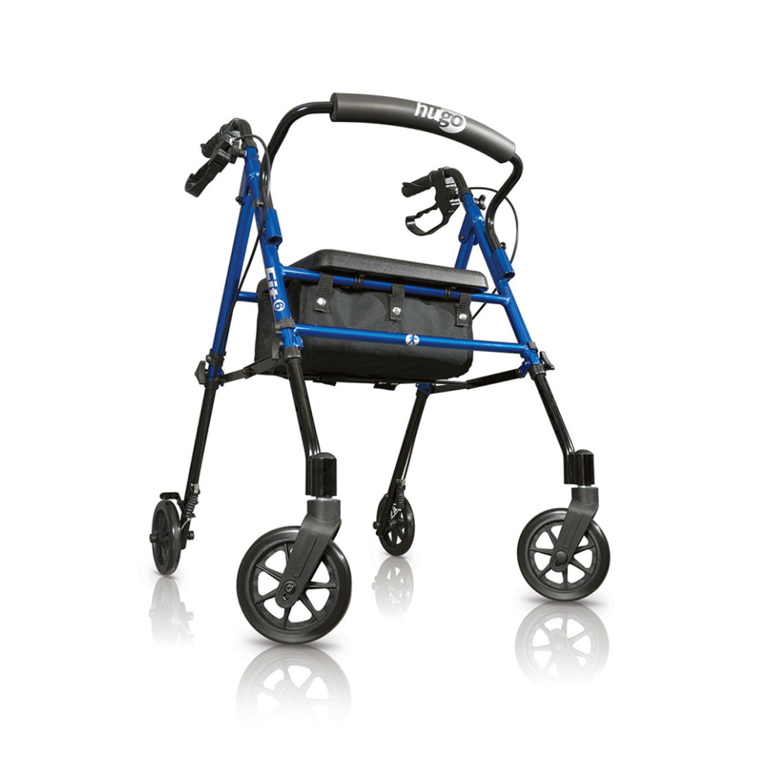 The Drive Hugo Fit 6 Portable Lightweight Rollator is a blue and black, lightweight four-wheel walker with a padded seat, storage pouch, hand brakes, handlebars for mobility assistance, and Hugo branding on the handle.
