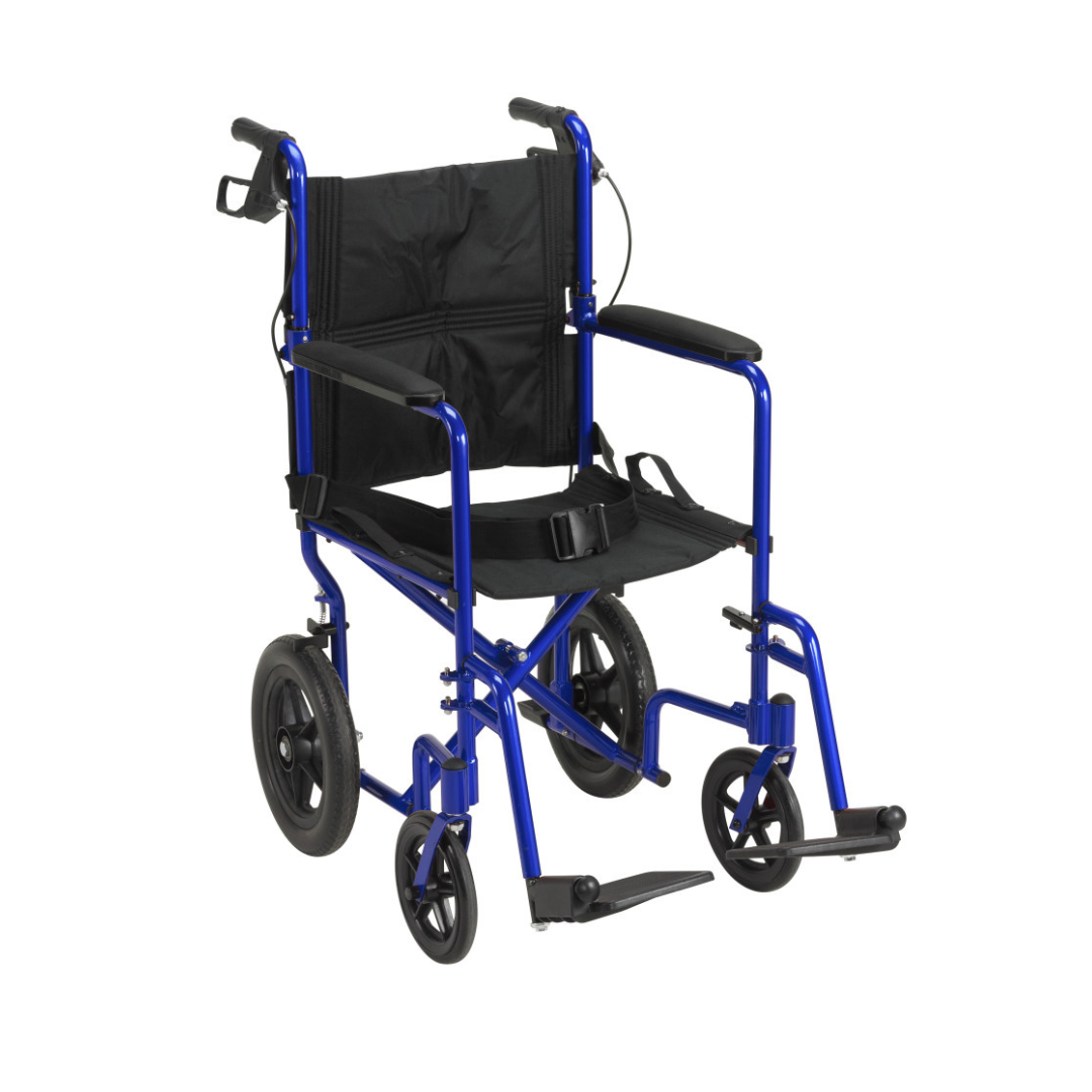 The Drive Lightweight Expedition Aluminum Transport Chair features a blue frame, black seat and backrest, large rear wheels, smaller front wheels, armrests, footrests, and hand brakes for caregivers on the handles.