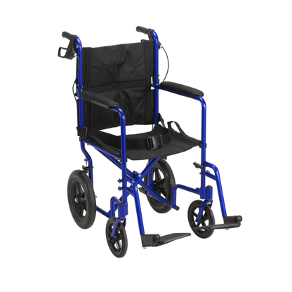 The Drive Lightweight Expedition Aluminum Transport Chair features a blue frame, black seat and backrest, large rear wheels, smaller front wheels, armrests, footrests, and hand brakes for caregivers on the handles.