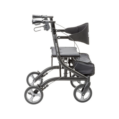Side profile of a black Drive MD Excursion X20 Portable Rollator featuring a seat, a backrest, and a storage pouch under the seat.